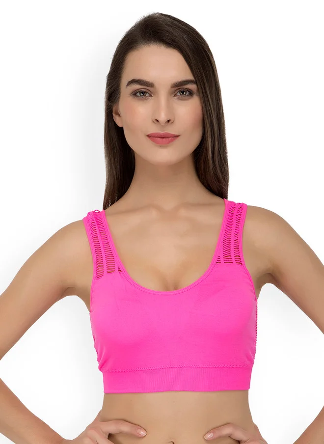 Laceandme Laceandme Pink Solid Non-Wired Lightly Padded Net Back Sports Bra 4371
